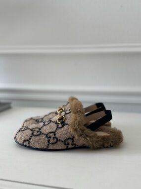 Gucci Beige & Brown GG Fur-Trim Slingback Mules